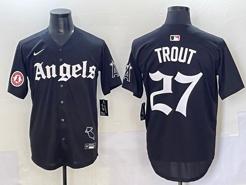 Men 2025 Los Angeles Angels #27 Trout Black Five generations Joint Name Nike MLB Jersey style 15->los angeles angels->MLB Jersey